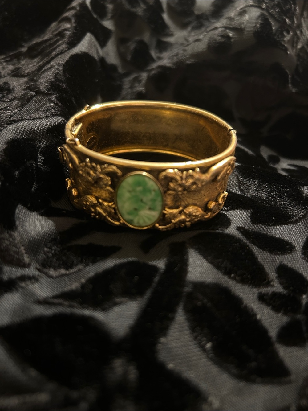 Gold Floral Cuff Bracelet with Green Stone Center
